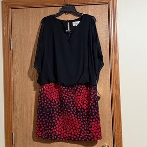 Chelsea Suite Black and Red Patterned Flutter and Cold Shoulder Sleeve Dress